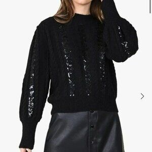 Molly bracken women's size M sequin stripe cabled puff sleeve sweater in black